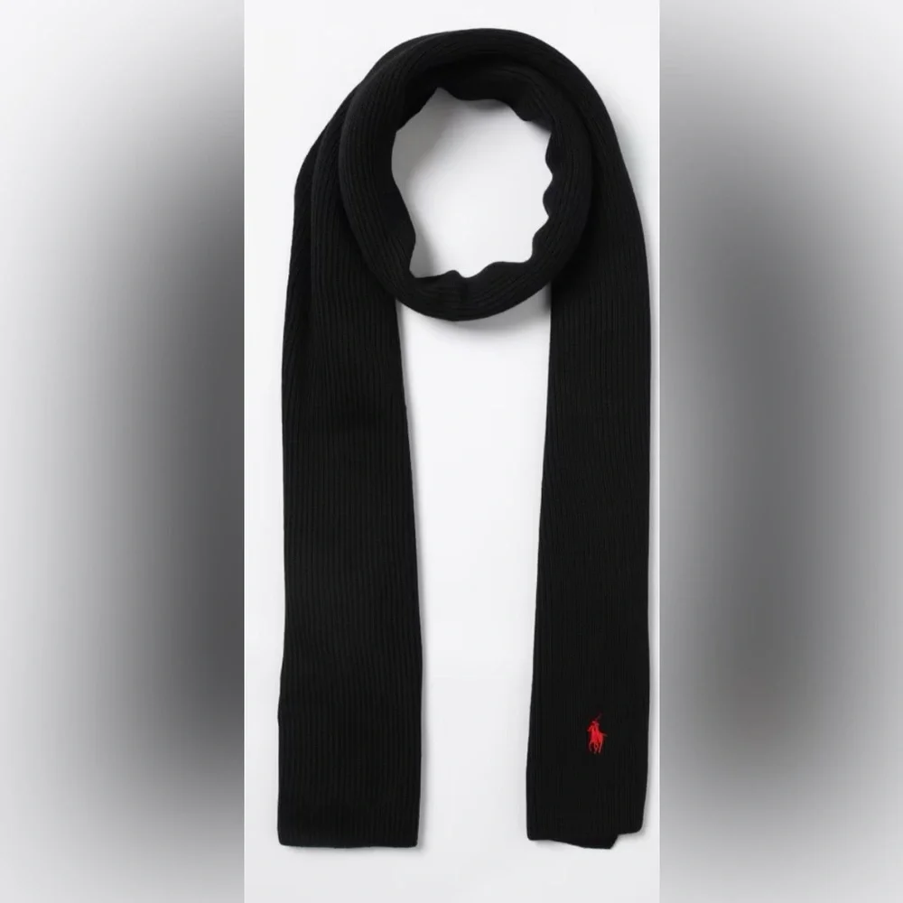 •POLO•LIKE NEW CLASSIC BLACK W/RED EMBROIDERED LOGO & PONY FLEECE KNIT SCARF